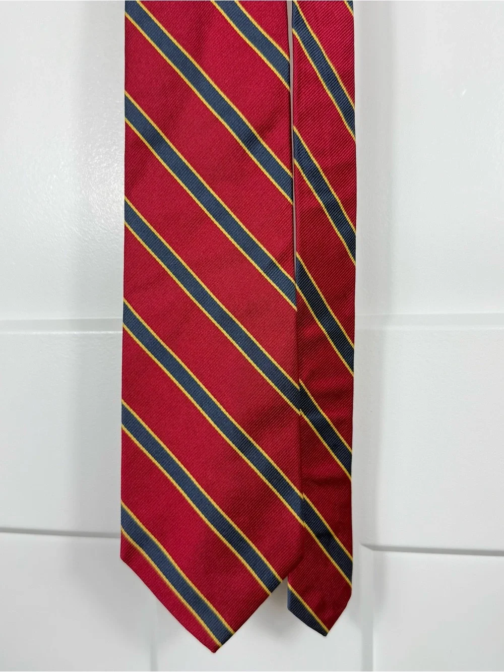 Brooks Brothers All Silk Repp Stripe Tie Red Navy Gold Made USA Irregular